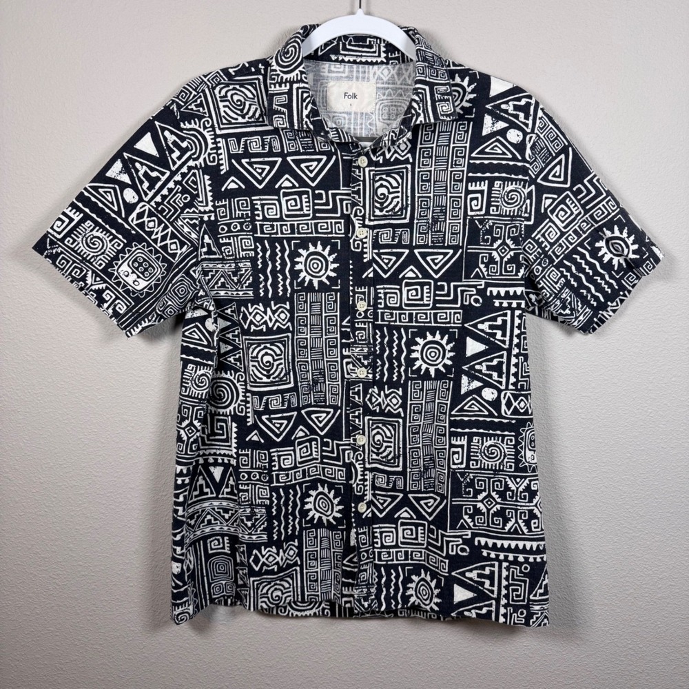 Folk Geometric Print Short Sleeve Woven Button Up Shirt Men's Small